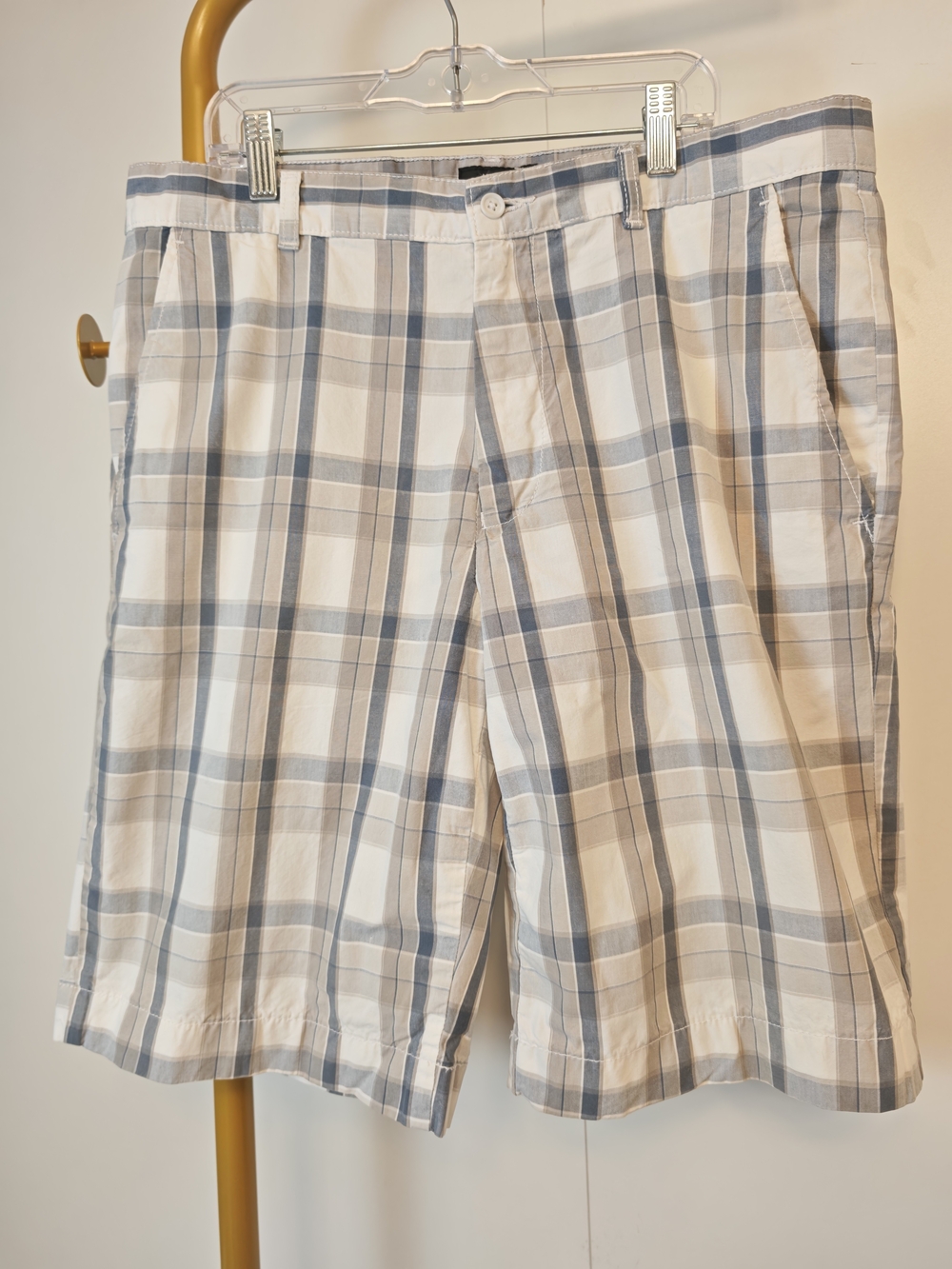 Alfani Mens Plaid Cotton Shorts White Light Blue Gray W34